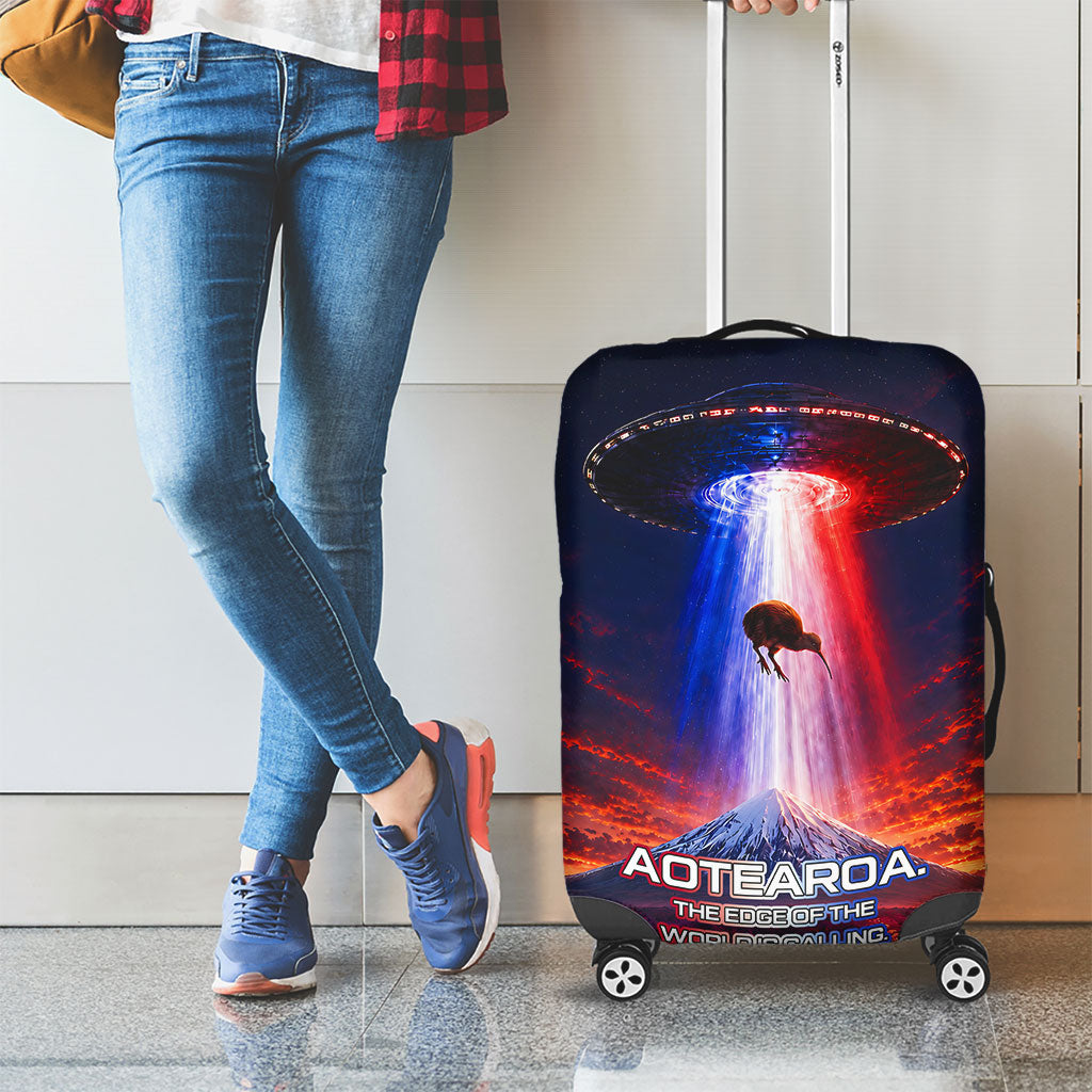 New Zealand Aotearoa Kiwi UFO Luggage Cover Sci-Fi Galaxy Sunset Sky Tower And Mountain