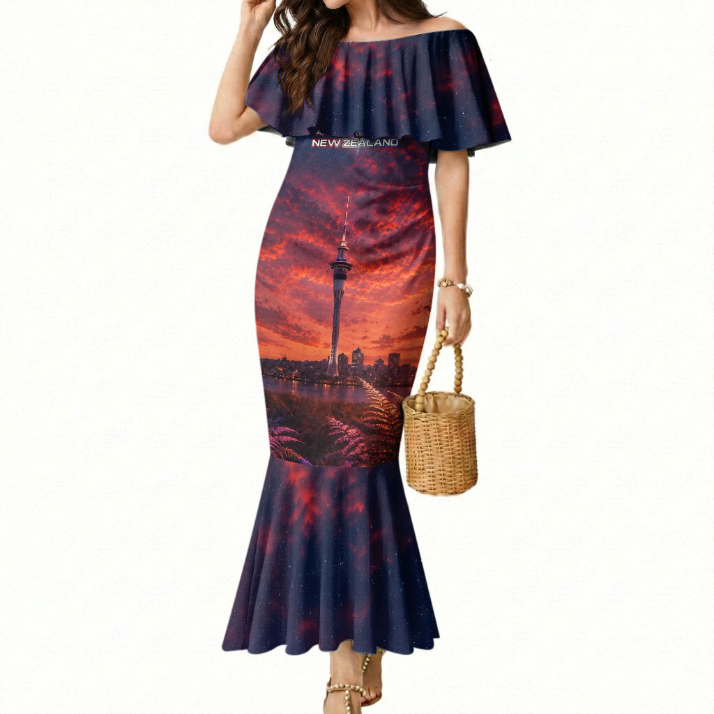 New Zealand Aotearoa Kiwi UFO Mermaid Dress Sci-Fi Galaxy Sunset Sky Tower And Mountain