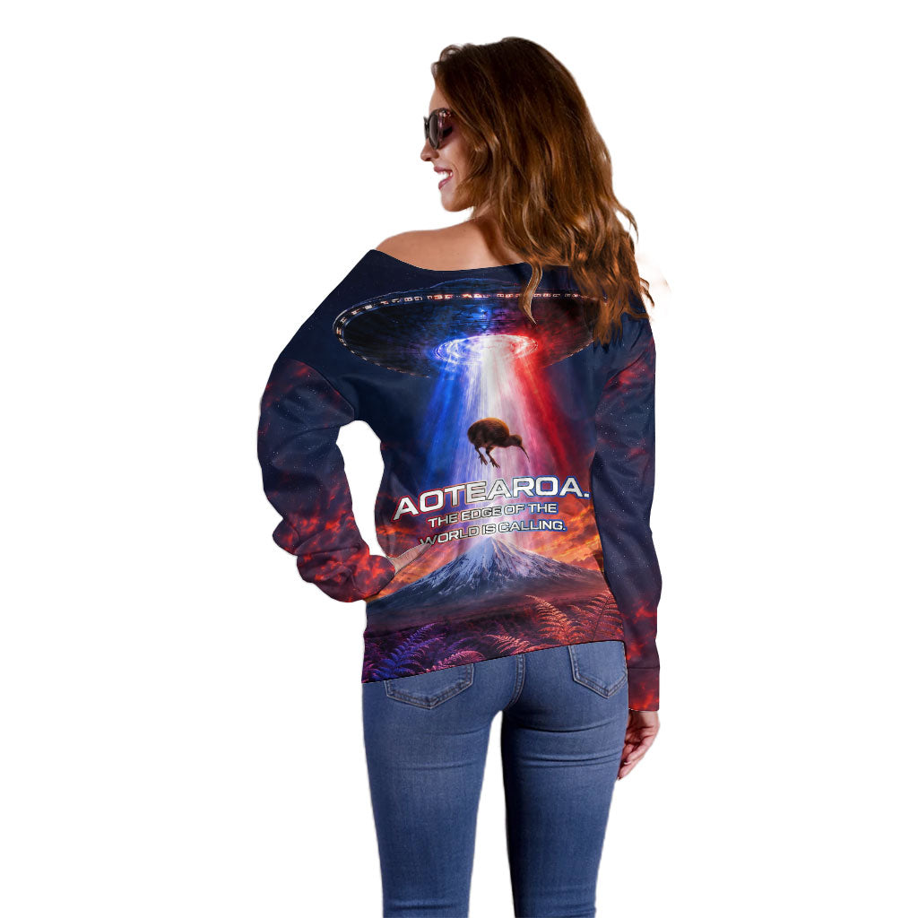 New Zealand Aotearoa Kiwi UFO Off Shoulder Sweater Sci-Fi Galaxy Sunset Sky Tower And Mountain