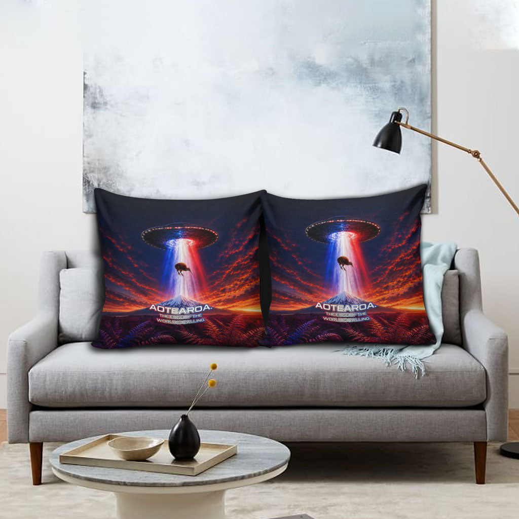 New Zealand Aotearoa Kiwi UFO Pillow Cover Sci-Fi Galaxy Sunset Sky Tower And Mountain
