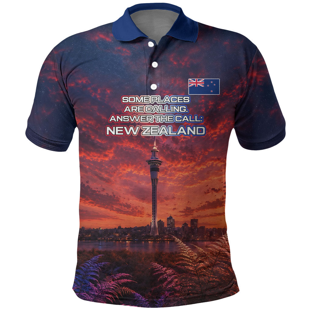 New Zealand Aotearoa Kiwi UFO Polo Shirt Sci-Fi Galaxy Sunset Sky Tower And Mountain