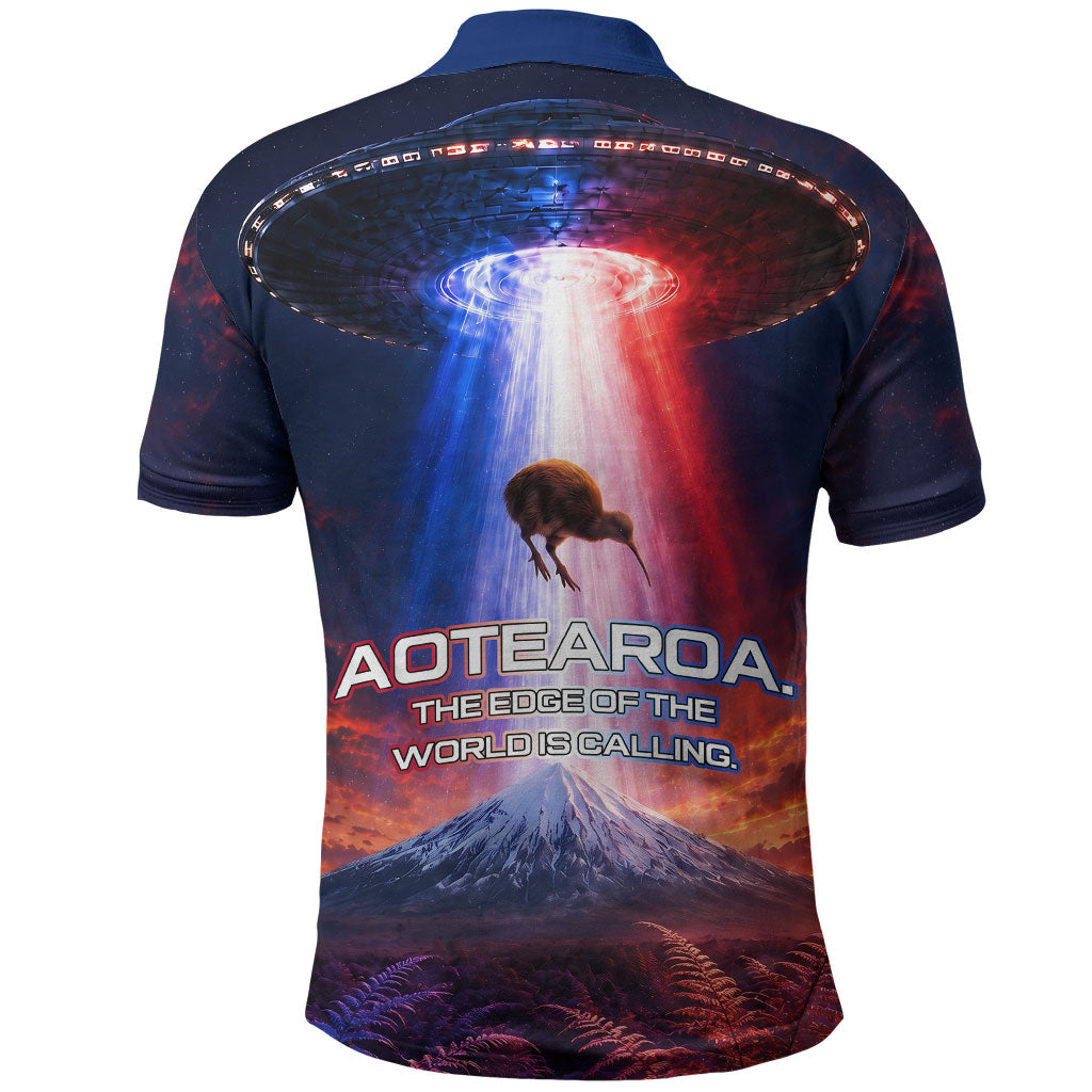New Zealand Aotearoa Kiwi UFO Polo Shirt Sci-Fi Galaxy Sunset Sky Tower And Mountain
