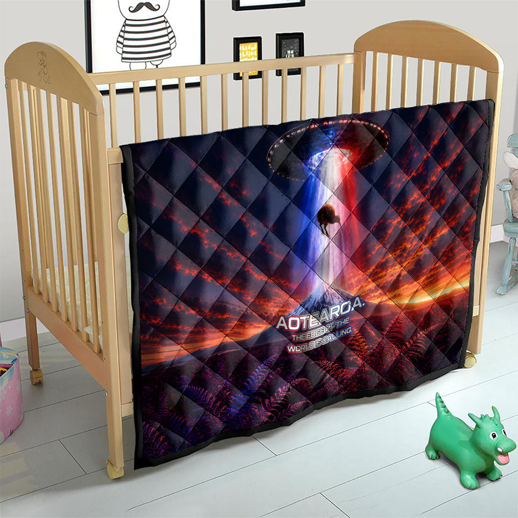 New Zealand Aotearoa Kiwi UFO Quilt Sci-Fi Galaxy Sunset Sky Tower And Mountain