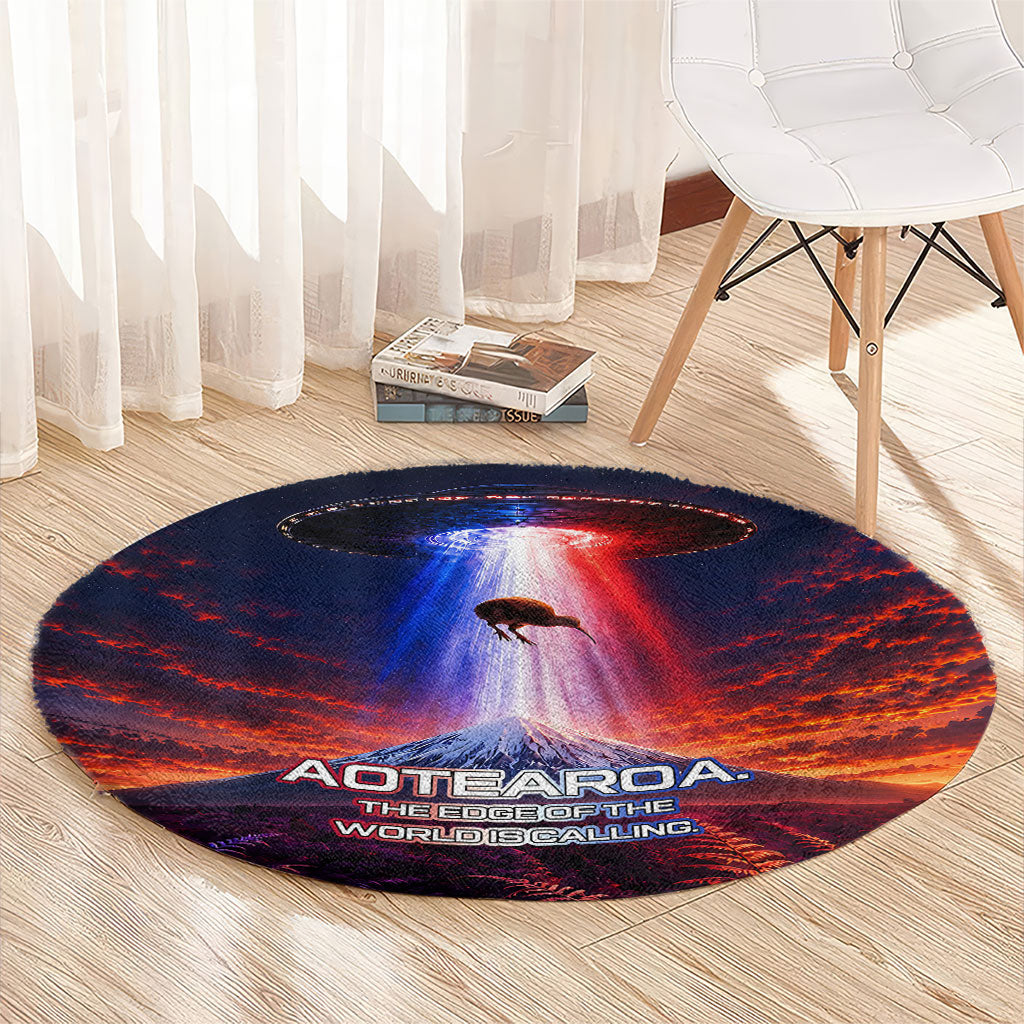 New Zealand Aotearoa Kiwi UFO Round Carpet Sci-Fi Galaxy Sunset Sky Tower And Mountain