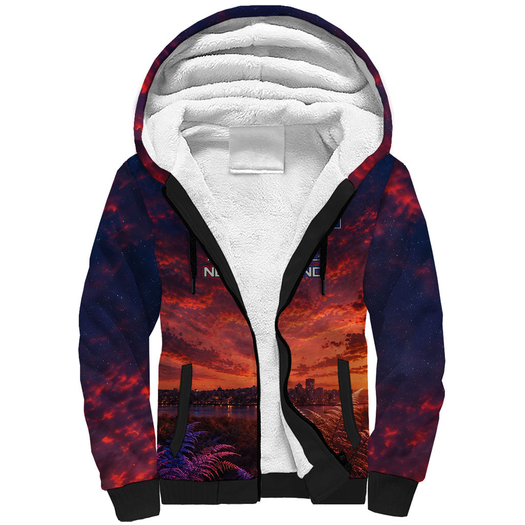 New Zealand Aotearoa Kiwi UFO Sherpa Hoodie Sci-Fi Galaxy Sunset Sky Tower And Mountain