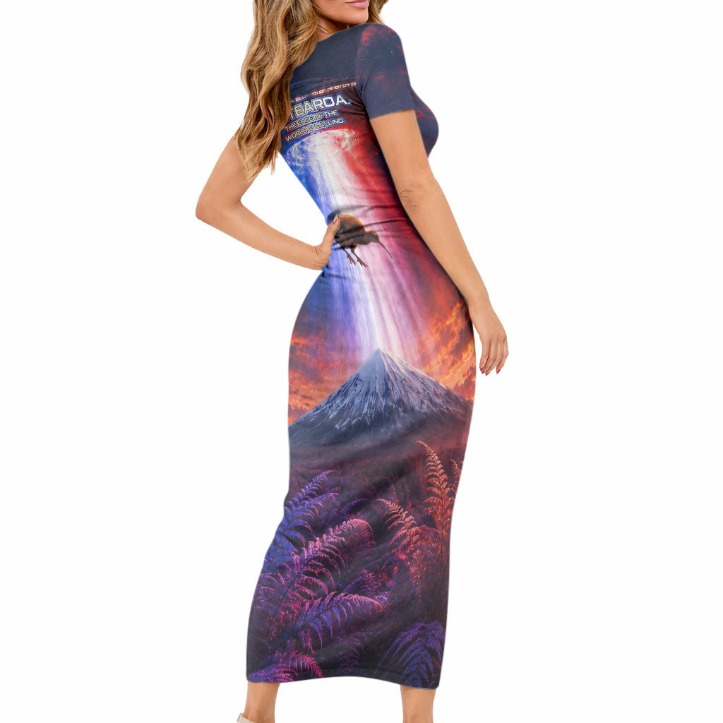 New Zealand Aotearoa Kiwi UFO Short Sleeve Bodycon Dress Sci-Fi Galaxy Sunset Sky Tower And Mountain