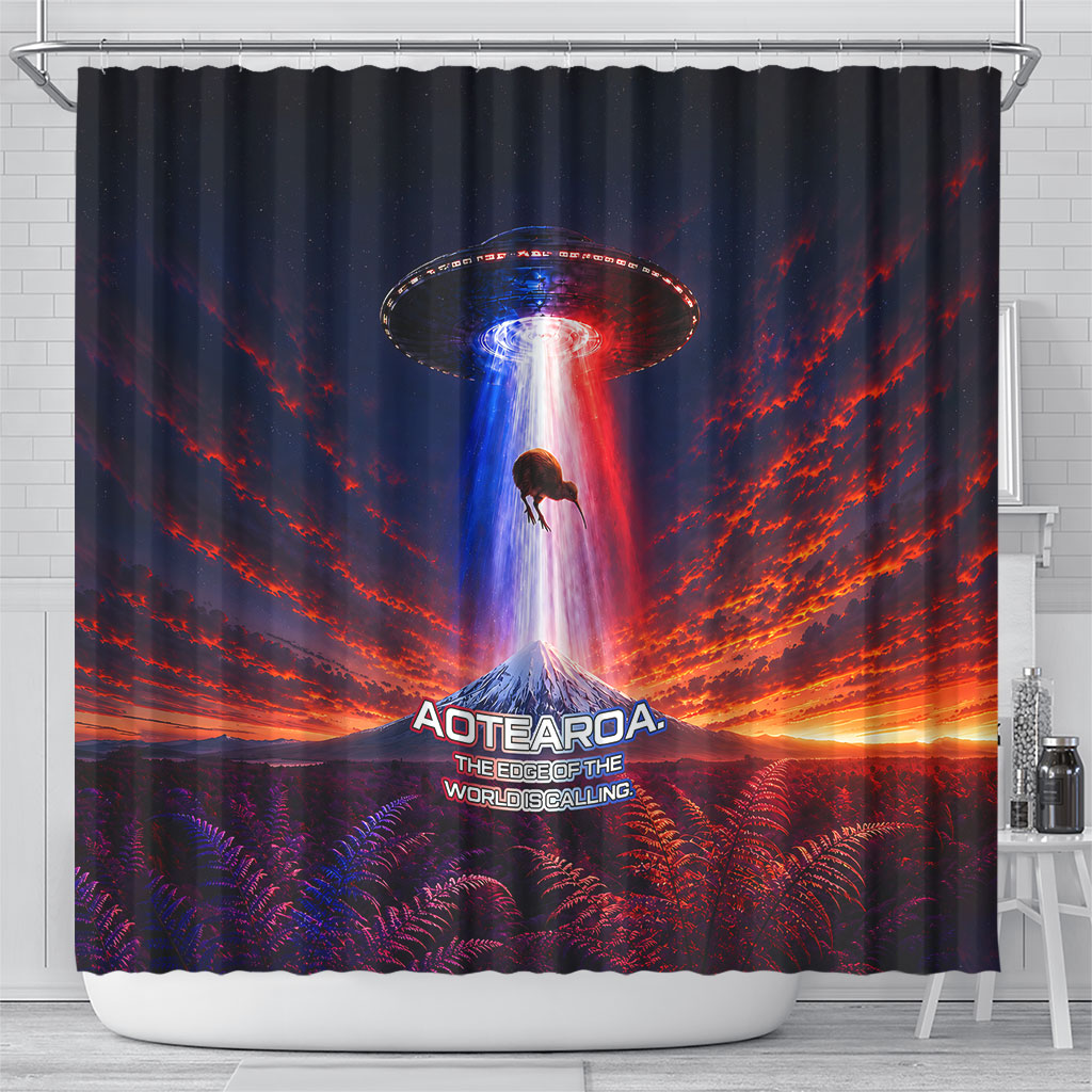 New Zealand Aotearoa Kiwi UFO Shower Curtain Sci-Fi Galaxy Sunset Sky Tower And Mountain