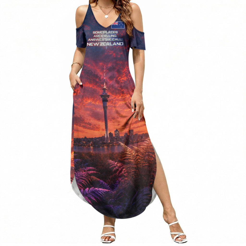 New Zealand Aotearoa Kiwi UFO Summer Maxi Dress Sci-Fi Galaxy Sunset Sky Tower And Mountain