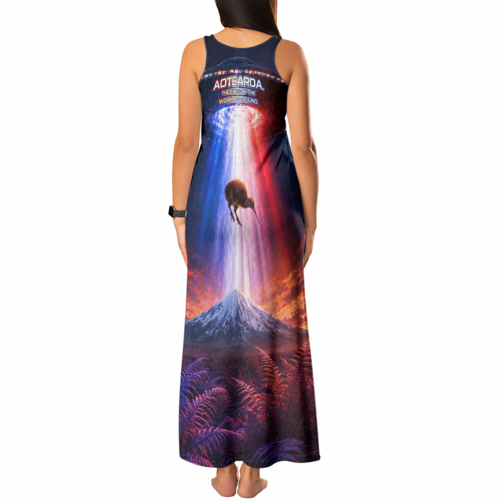 New Zealand Aotearoa Kiwi UFO Tank Maxi Dress Sci-Fi Galaxy Sunset Sky Tower And Mountain