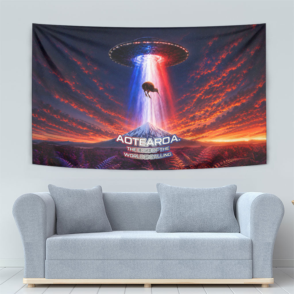 New Zealand Aotearoa Kiwi UFO Tapestry Sci-Fi Galaxy Sunset Sky Tower And Mountain