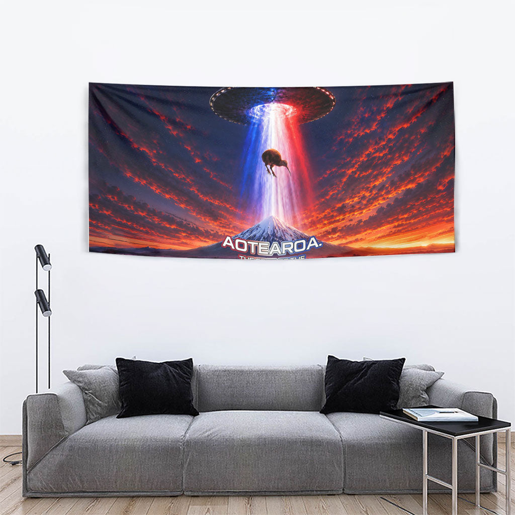 New Zealand Aotearoa Kiwi UFO Tapestry Sci-Fi Galaxy Sunset Sky Tower And Mountain