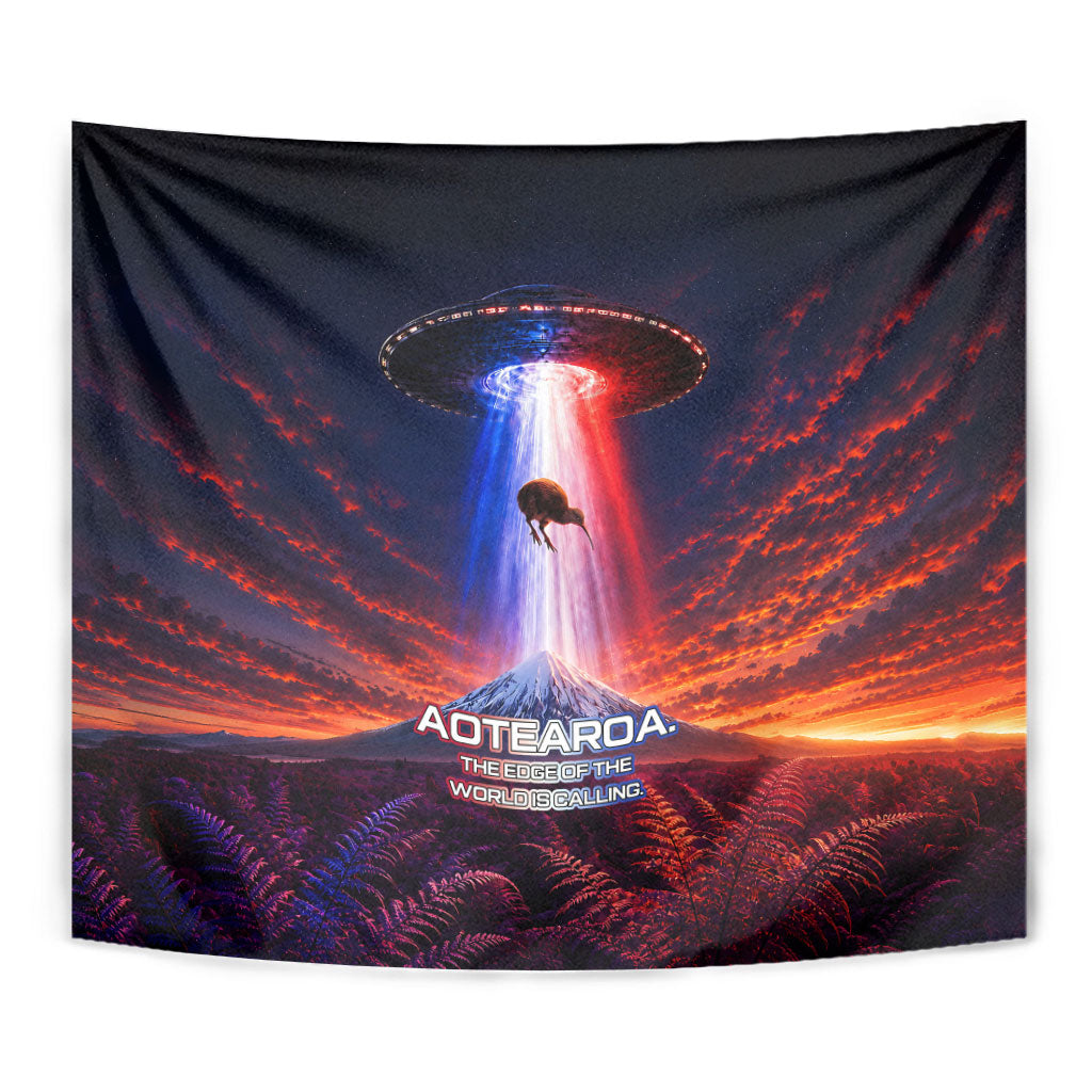New Zealand Aotearoa Kiwi UFO Tapestry Sci-Fi Galaxy Sunset Sky Tower And Mountain