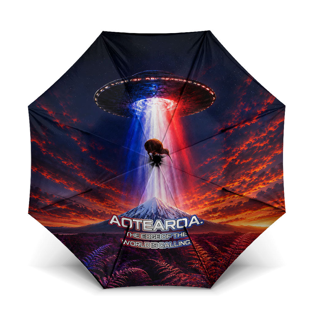 New Zealand Aotearoa Kiwi UFO Umbrella Sci-Fi Galaxy Sunset Sky Tower And Mountain