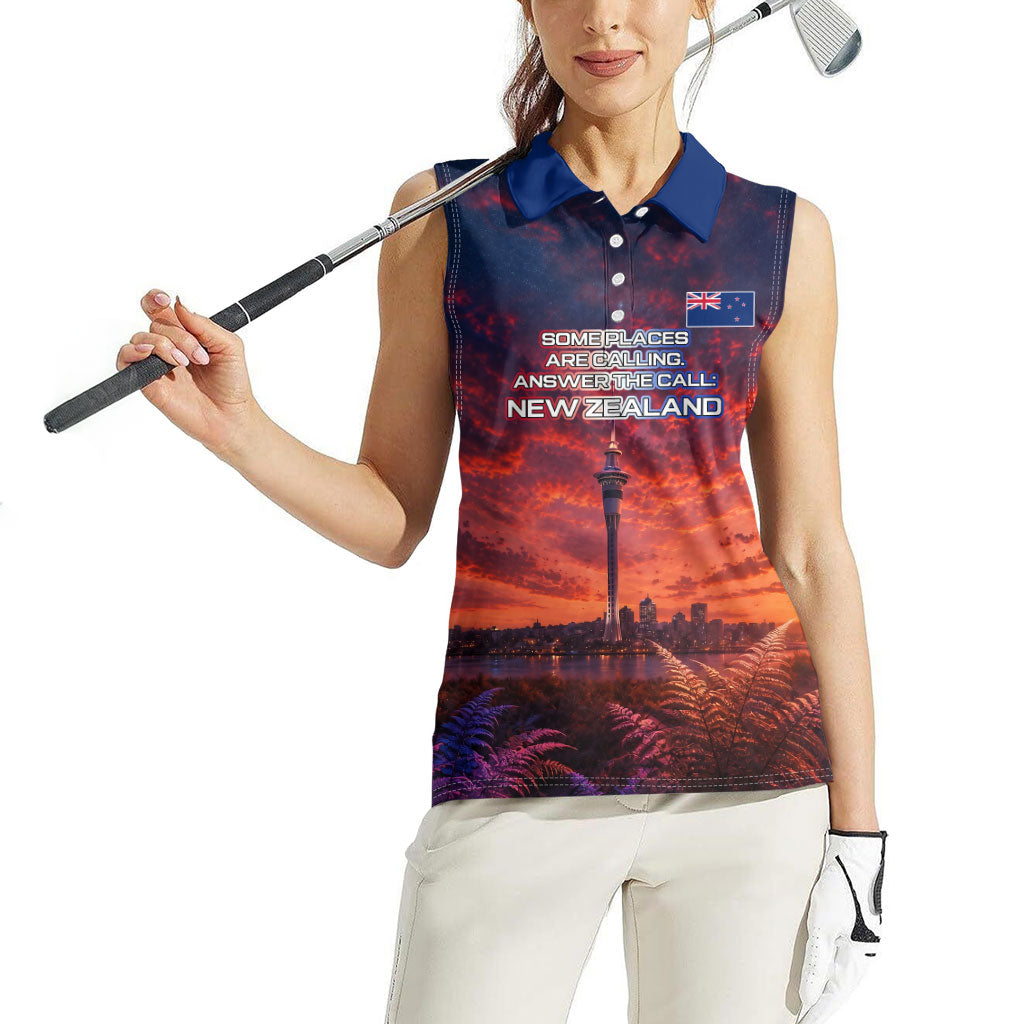 New Zealand Aotearoa Kiwi UFO Women Sleeveless Polo Shirt Sci-Fi Galaxy Sunset Sky Tower And Mountain