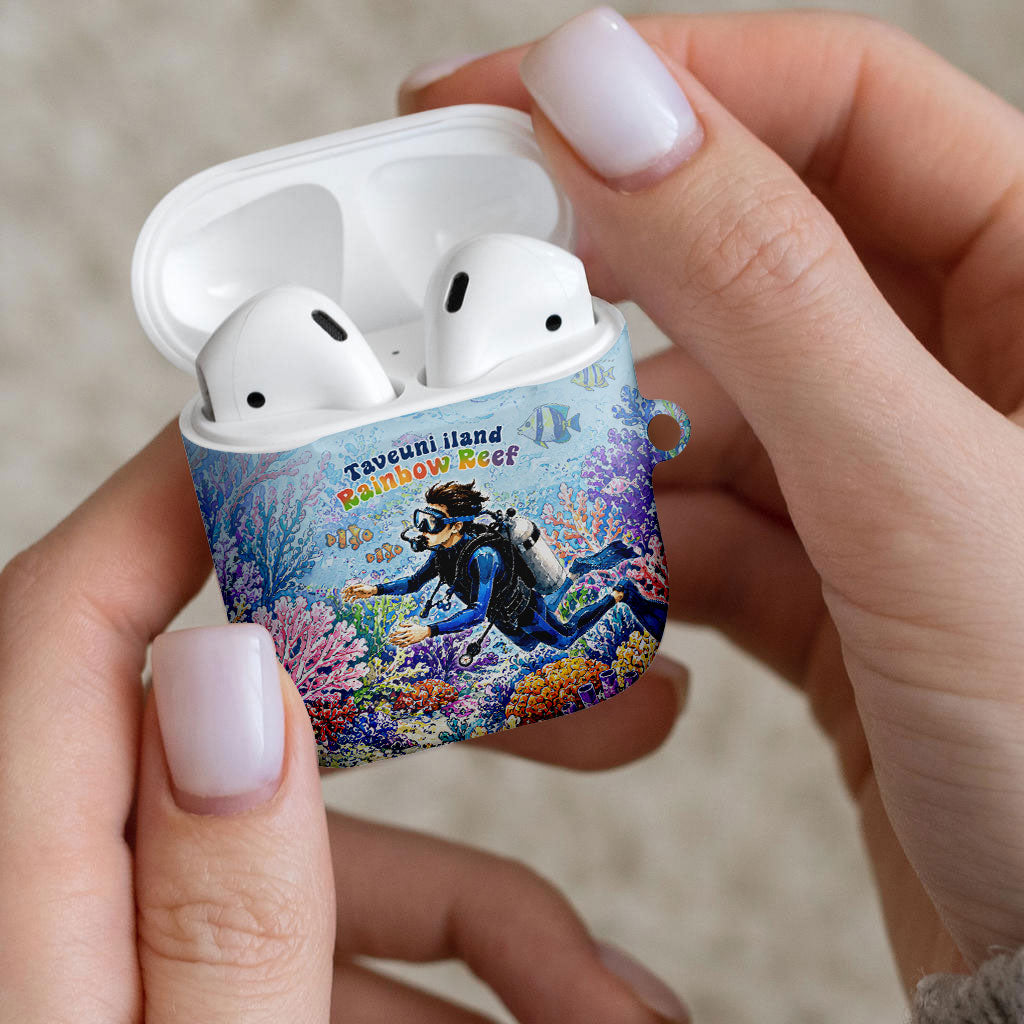 Fiji Taveuni Rainbow Reef AirPods Case Scuba Diver Vibrant Undersea Coral Garden Watercolor
