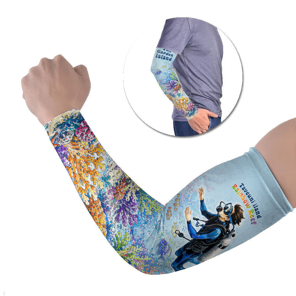 Fiji Taveuni Rainbow Reef Arm Sleeves Scuba Diver Vibrant Undersea Coral Garden Watercolor