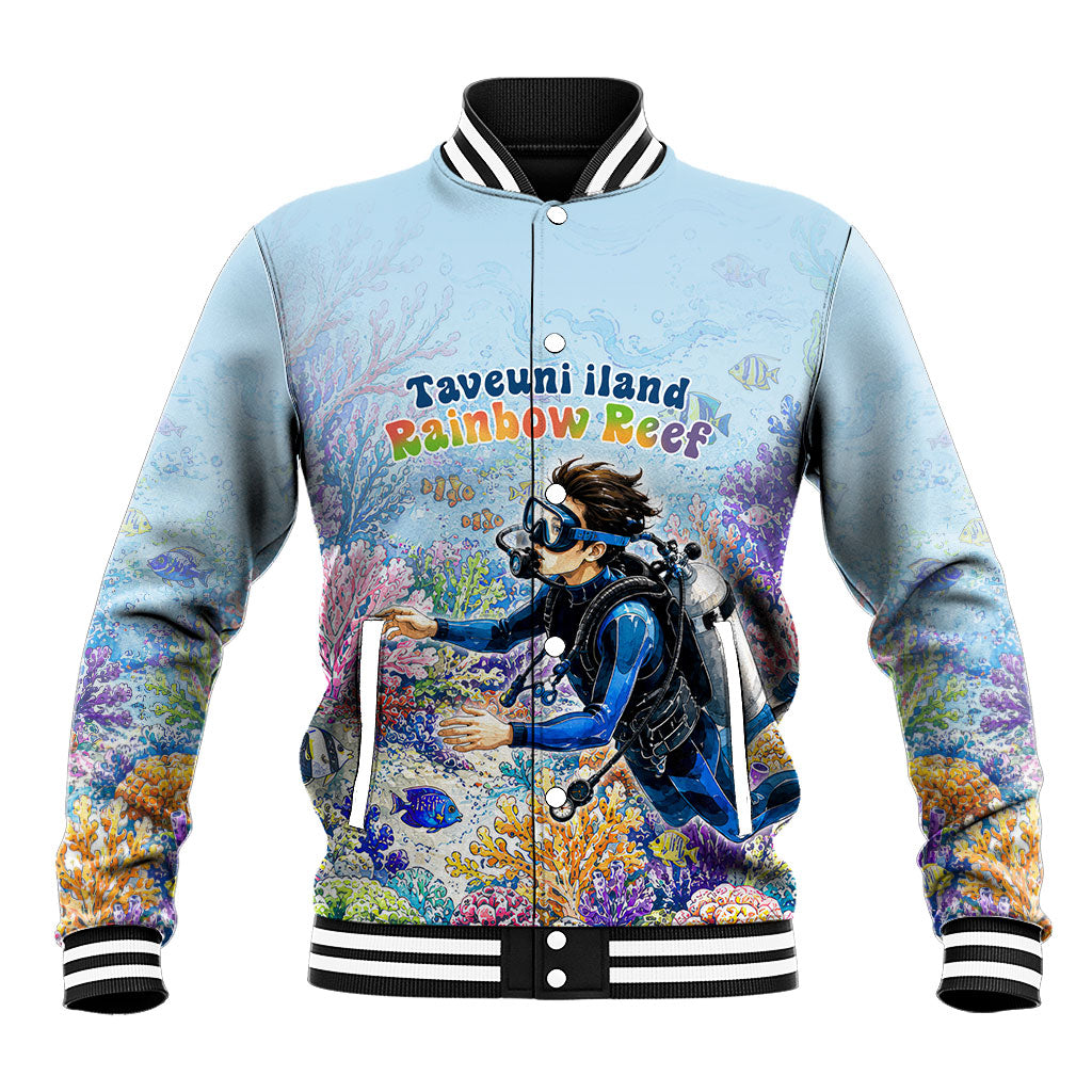 Fiji Taveuni Rainbow Reef Baseball Jacket Scuba Diver Vibrant Undersea Coral Garden Watercolor