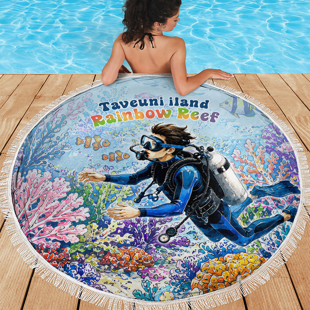 Fiji Taveuni Rainbow Reef Beach Blanket Scuba Diver Vibrant Undersea Coral Garden Watercolor
