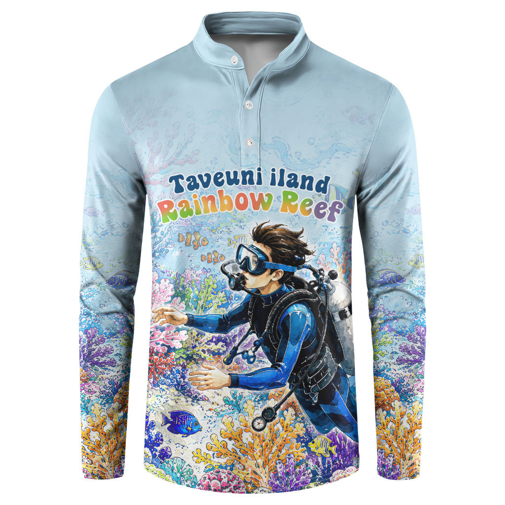Fiji Taveuni Rainbow Reef Button Sweatshirt Scuba Diver Vibrant Undersea Coral Garden Watercolor