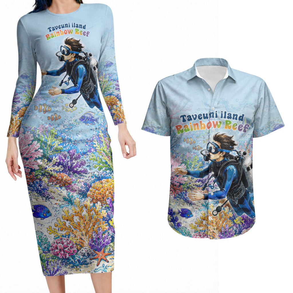 Fiji Taveuni Rainbow Reef Couples Matching Long Sleeve Bodycon Dress and Hawaiian Shirt Scuba Diver Vibrant Undersea Coral Garden Watercolor TS04 Blue - Polynesian Pride