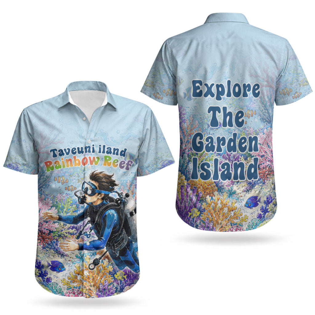 Fiji Taveuni Rainbow Reef Couples Matching Long Sleeve Bodycon Dress and Hawaiian Shirt Scuba Diver Vibrant Undersea Coral Garden Watercolor