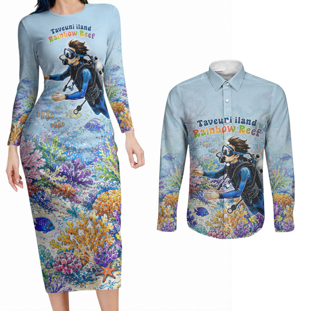 Fiji Taveuni Rainbow Reef Couples Matching Long Sleeve Bodycon Dress and Long Sleeve Button Shirt Scuba Diver Vibrant Undersea Coral Garden Watercolor TS04 Blue - Polynesian Pride