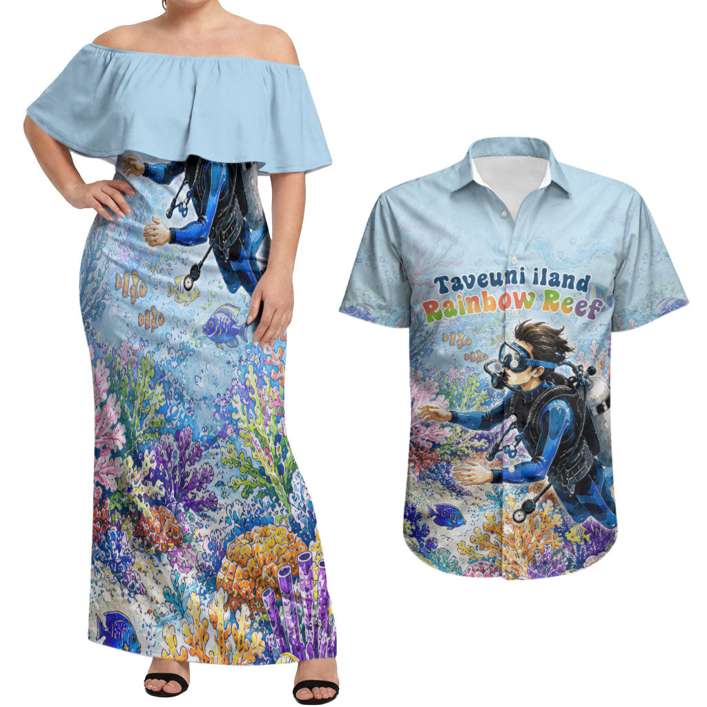 Fiji Taveuni Rainbow Reef Couples Matching Off Shoulder Maxi Dress and Hawaiian Shirt Scuba Diver Vibrant Undersea Coral Garden Watercolor