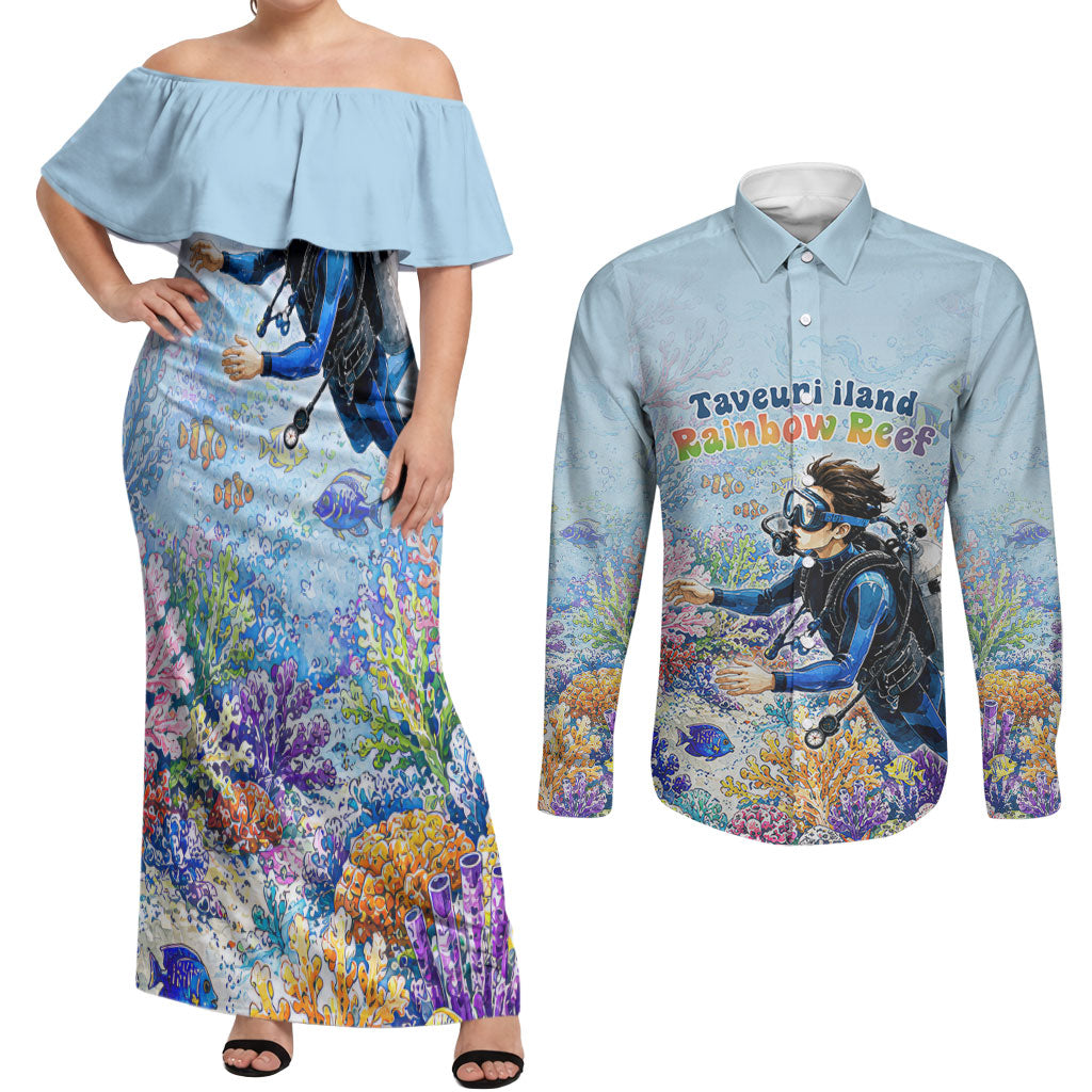 Fiji Taveuni Rainbow Reef Couples Matching Off Shoulder Maxi Dress and Long Sleeve Button Shirt Scuba Diver Vibrant Undersea Coral Garden Watercolor TS04 Blue - Polynesian Pride