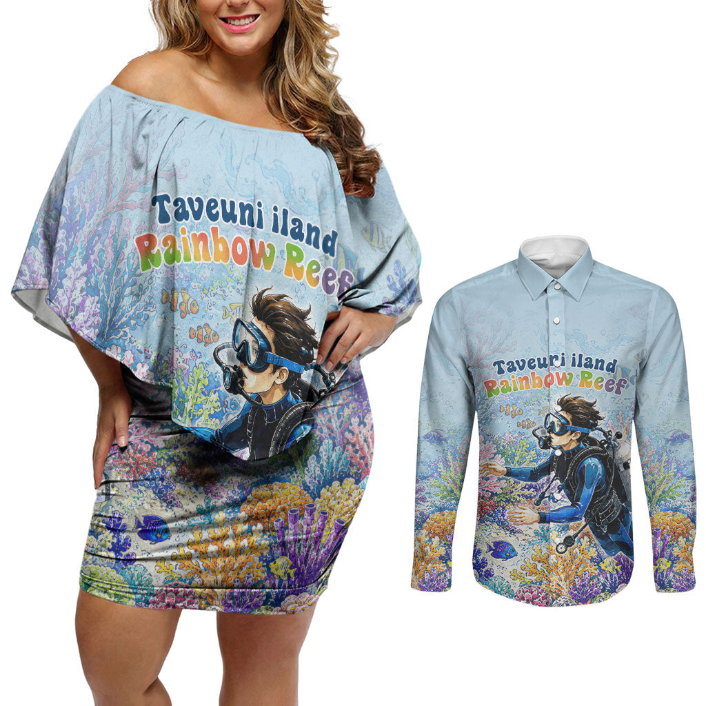 Fiji Taveuni Rainbow Reef Couples Matching Off Shoulder Short Dress and Long Sleeve Button Shirt Scuba Diver Vibrant Undersea Coral Garden Watercolor TS04 Blue - Polynesian Pride