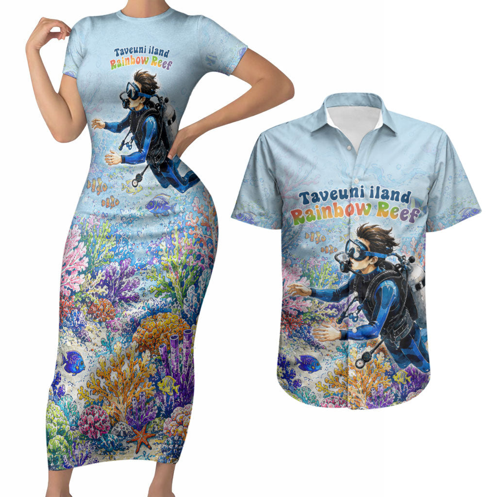 Fiji Taveuni Rainbow Reef Couples Matching Short Sleeve Bodycon Dress and Hawaiian Shirt Scuba Diver Vibrant Undersea Coral Garden Watercolor TS04 Blue - Polynesian Pride