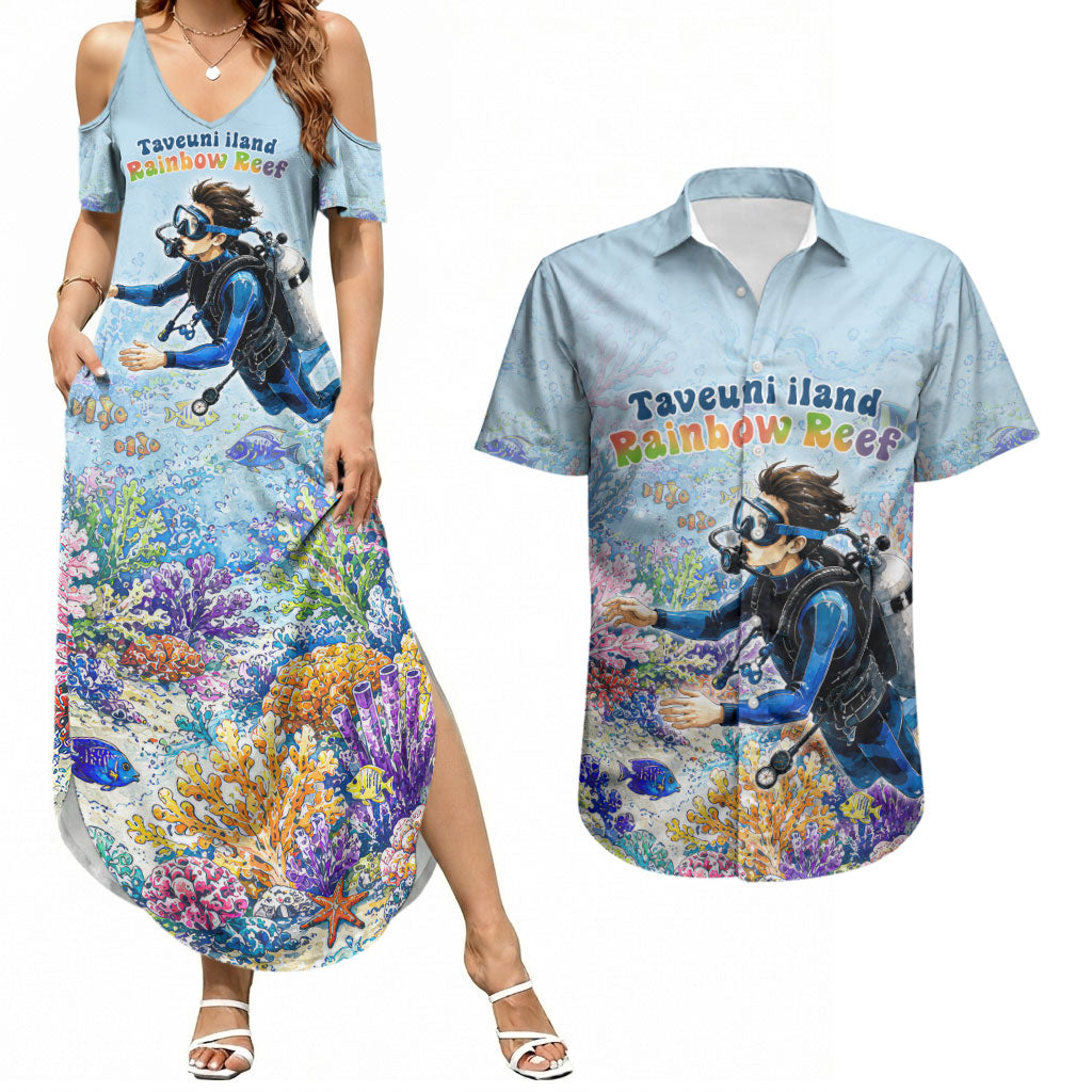 Fiji Taveuni Rainbow Reef Couples Matching Summer Maxi Dress and Hawaiian Shirt Scuba Diver Vibrant Undersea Coral Garden Watercolor