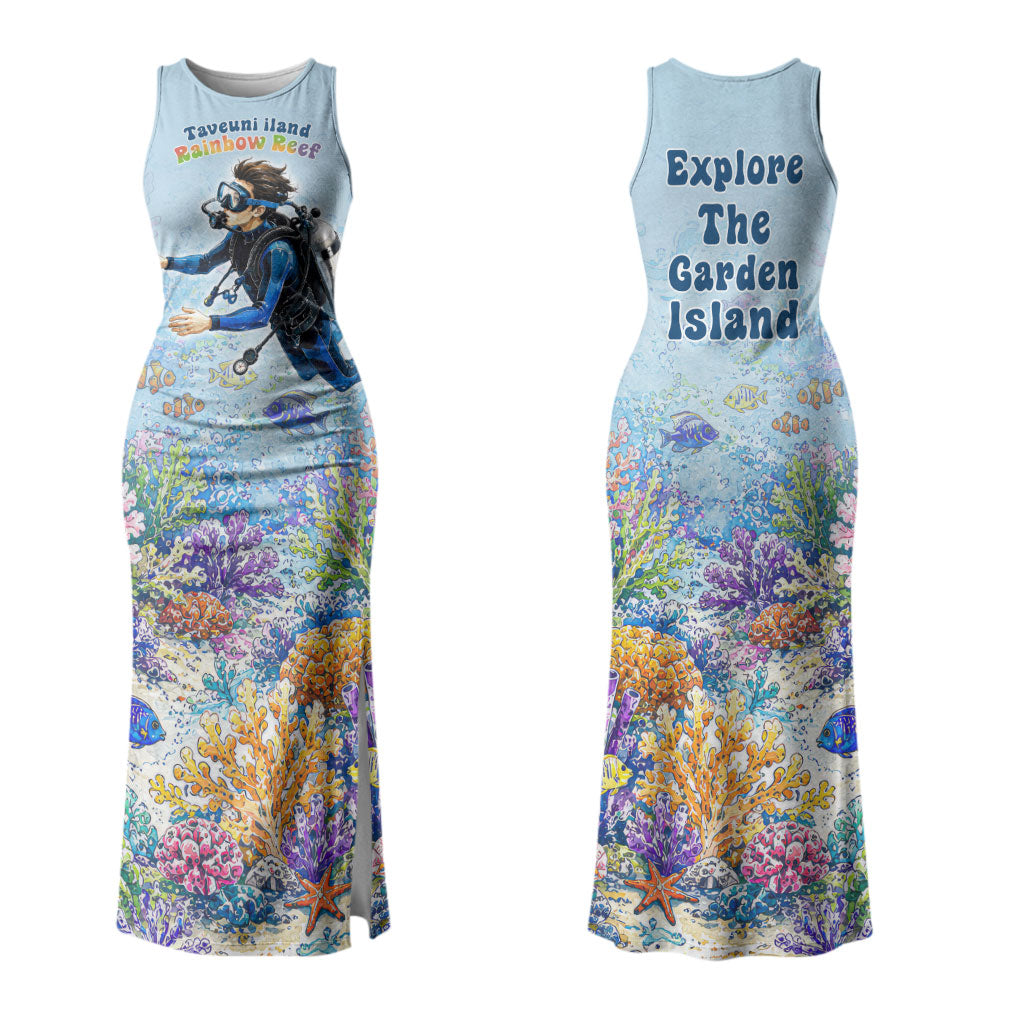 Fiji Taveuni Rainbow Reef Couples Matching Tank Maxi Dress and Hawaiian Shirt Scuba Diver Vibrant Undersea Coral Garden Watercolor