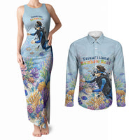 Fiji Taveuni Rainbow Reef Couples Matching Tank Maxi Dress and Long Sleeve Button Shirt Scuba Diver Vibrant Undersea Coral Garden Watercolor