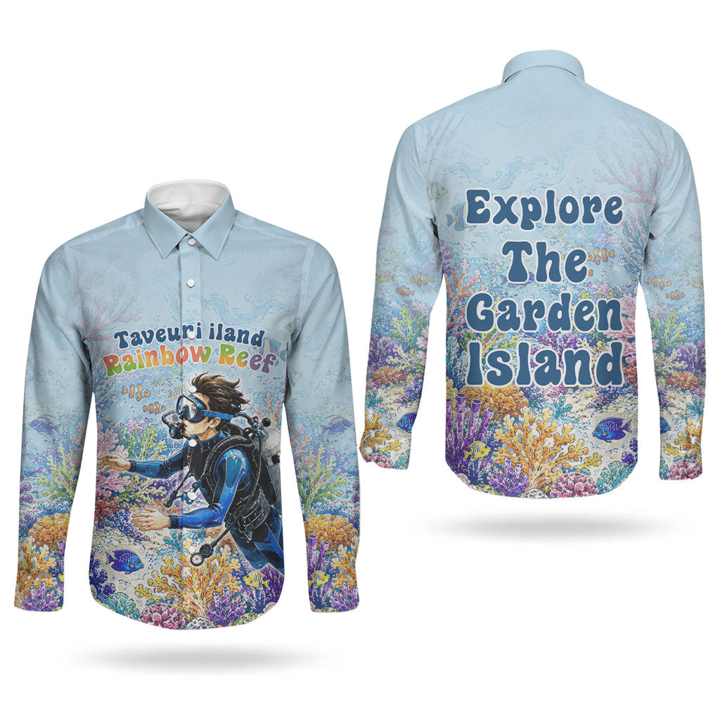 Fiji Taveuni Rainbow Reef Couples Matching Tank Maxi Dress and Long Sleeve Button Shirt Scuba Diver Vibrant Undersea Coral Garden Watercolor
