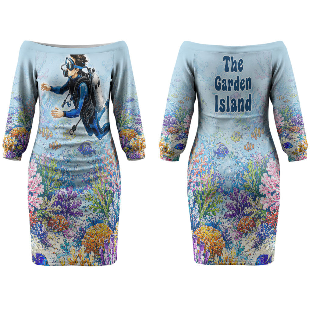 Fiji Taveuni Rainbow Reef Family Matching Off The Shoulder Long Sleeve Dress and Hawaiian Shirt Scuba Diver Vibrant Undersea Coral Garden Watercolor
