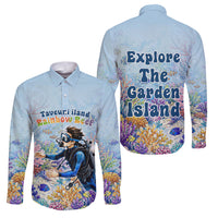 Fiji Taveuni Rainbow Reef Family Matching Off The Shoulder Long Sleeve Dress and Hawaiian Shirt Scuba Diver Vibrant Undersea Coral Garden Watercolor