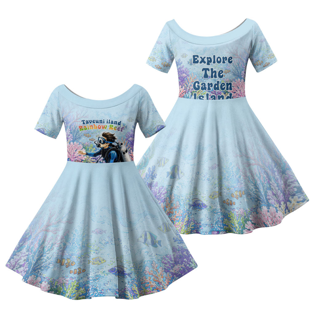 Fiji Taveuni Rainbow Reef Family Matching Off The Shoulder Long Sleeve Dress and Hawaiian Shirt Scuba Diver Vibrant Undersea Coral Garden Watercolor