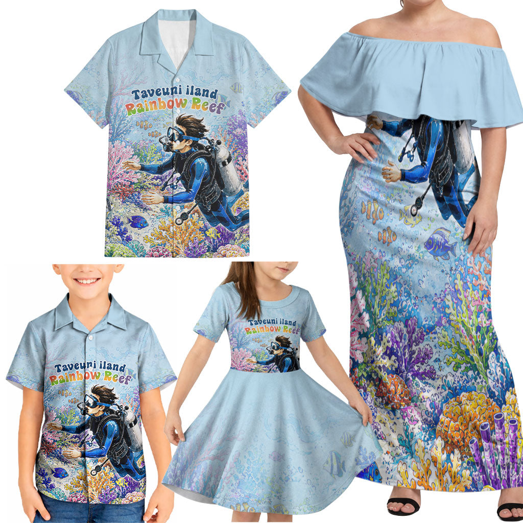 Fiji Taveuni Rainbow Reef Family Matching Off Shoulder Maxi Dress and Hawaiian Shirt Scuba Diver Vibrant Undersea Coral Garden Watercolor