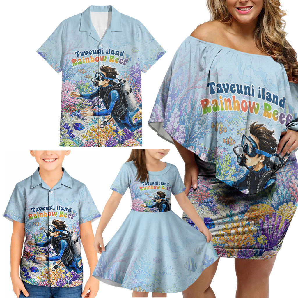 Fiji Taveuni Rainbow Reef Family Matching Off Shoulder Short Dress and Hawaiian Shirt Scuba Diver Vibrant Undersea Coral Garden Watercolor TS04 - Polynesian Pride