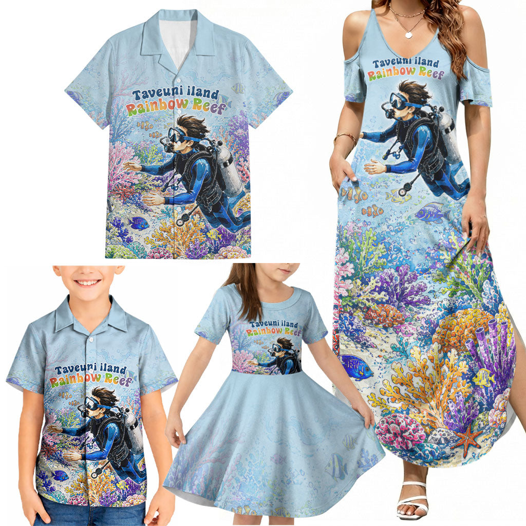 Fiji Taveuni Rainbow Reef Family Matching Summer Maxi Dress and Hawaiian Shirt Scuba Diver Vibrant Undersea Coral Garden Watercolor TS04 - Polynesian Pride