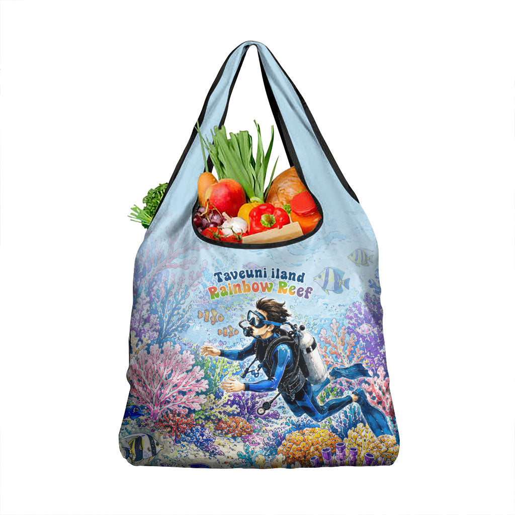 Fiji Taveuni Rainbow Reef Grocery Bag Scuba Diver Vibrant Undersea Coral Garden Watercolor