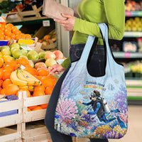 Fiji Taveuni Rainbow Reef Grocery Bag Scuba Diver Vibrant Undersea Coral Garden Watercolor