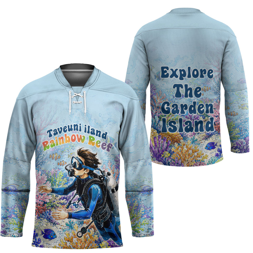Fiji Taveuni Rainbow Reef Hockey Jersey Scuba Diver Vibrant Undersea Coral Garden Watercolor