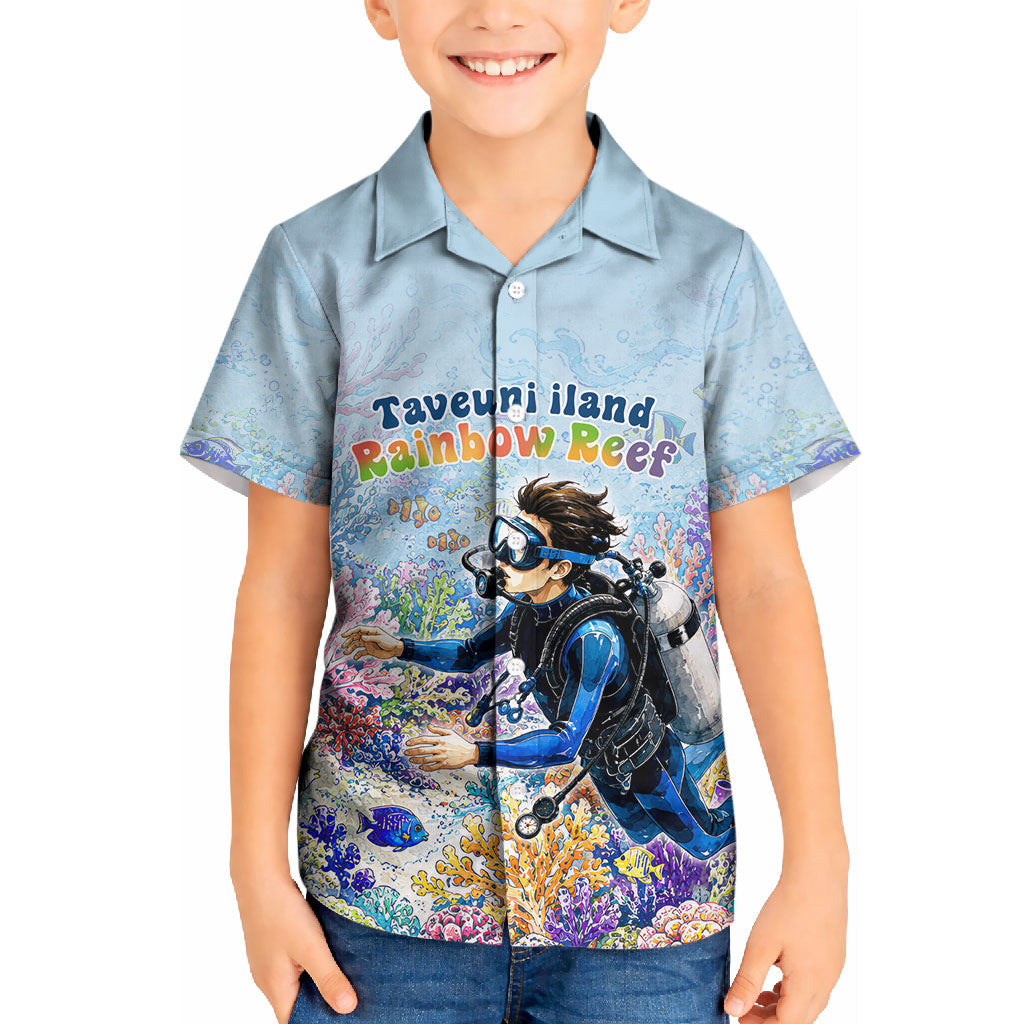 Fiji Taveuni Rainbow Reef Kid Hawaiian Shirt Scuba Diver Vibrant Undersea Coral Garden Watercolor