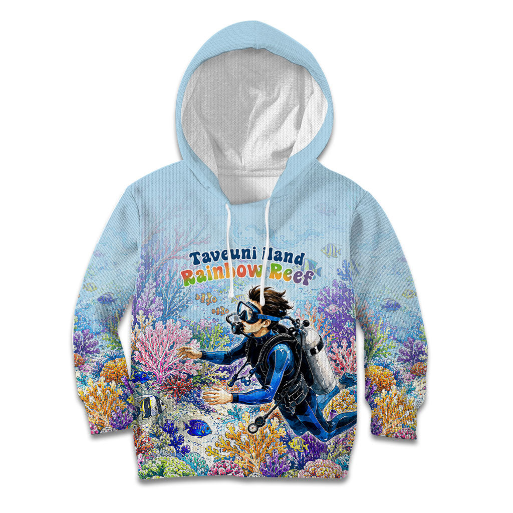 Fiji Taveuni Rainbow Reef Kid Hoodie Scuba Diver Vibrant Undersea Coral Garden Watercolor