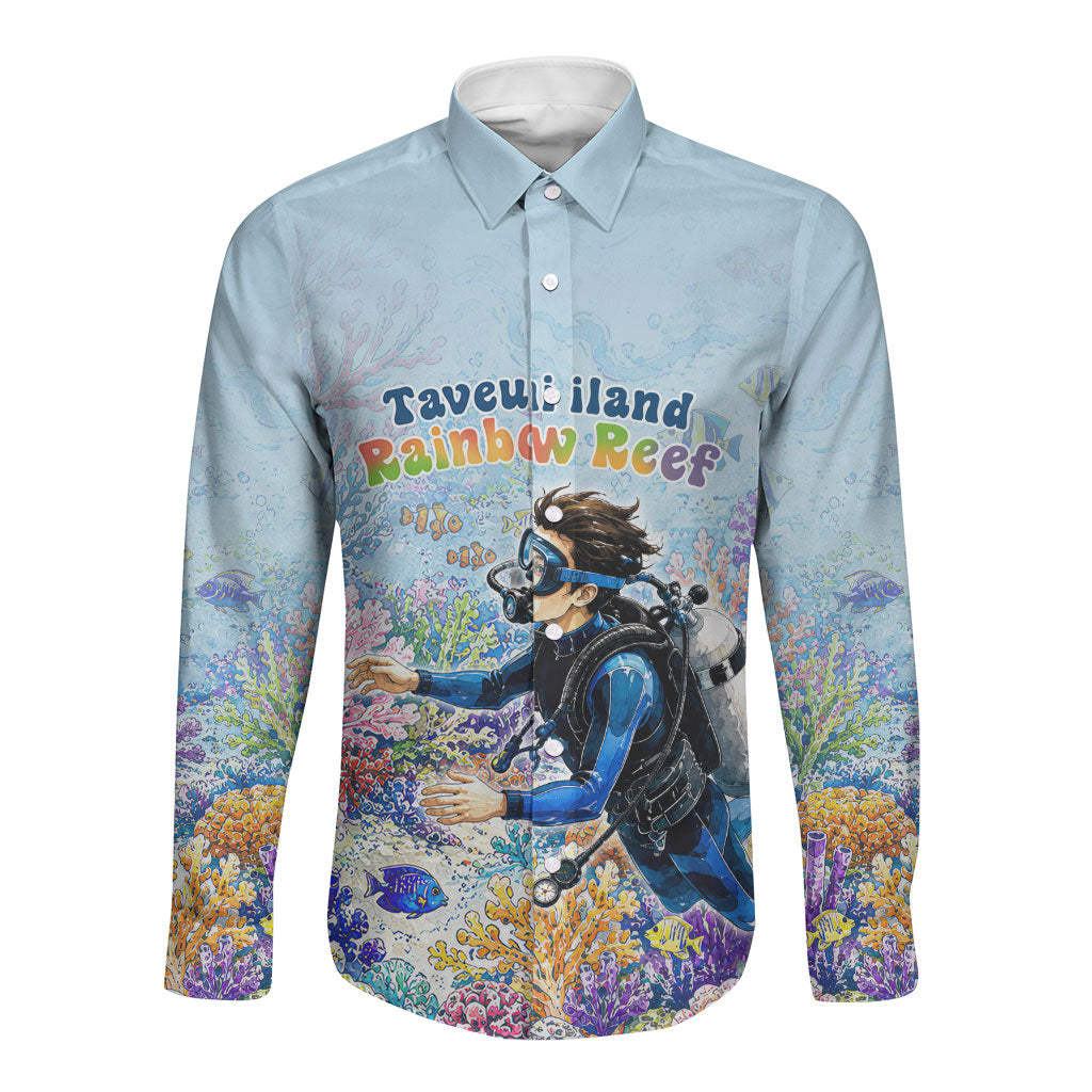 Fiji Taveuni Rainbow Reef Long Sleeve Button Shirt Scuba Diver Vibrant Undersea Coral Garden Watercolor