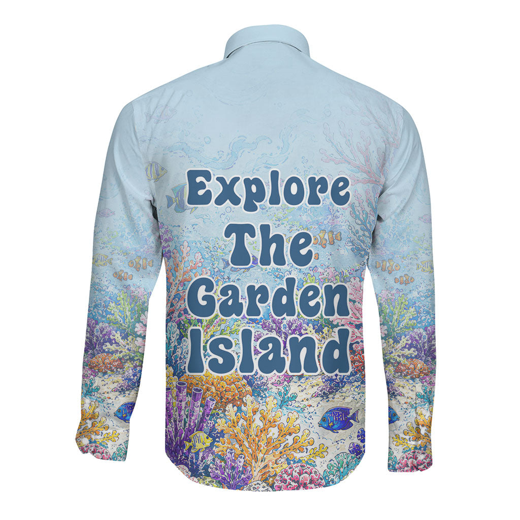 Fiji Taveuni Rainbow Reef Long Sleeve Button Shirt Scuba Diver Vibrant Undersea Coral Garden Watercolor