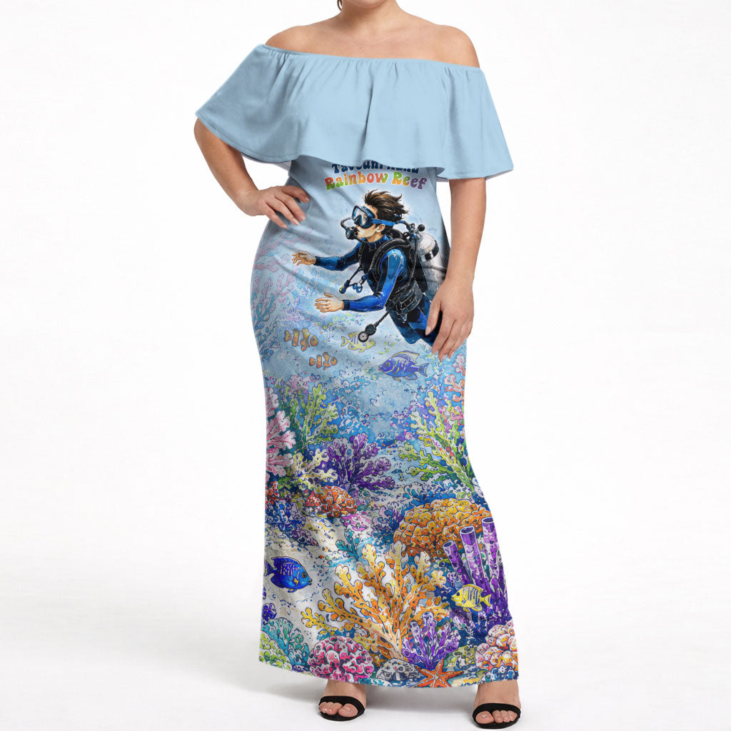 Fiji Taveuni Rainbow Reef Off Shoulder Maxi Dress Scuba Diver Vibrant Undersea Coral Garden Watercolor