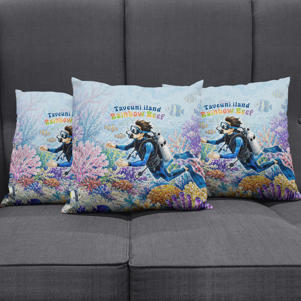 Fiji Taveuni Rainbow Reef Pillow Cover Scuba Diver Vibrant Undersea Coral Garden Watercolor