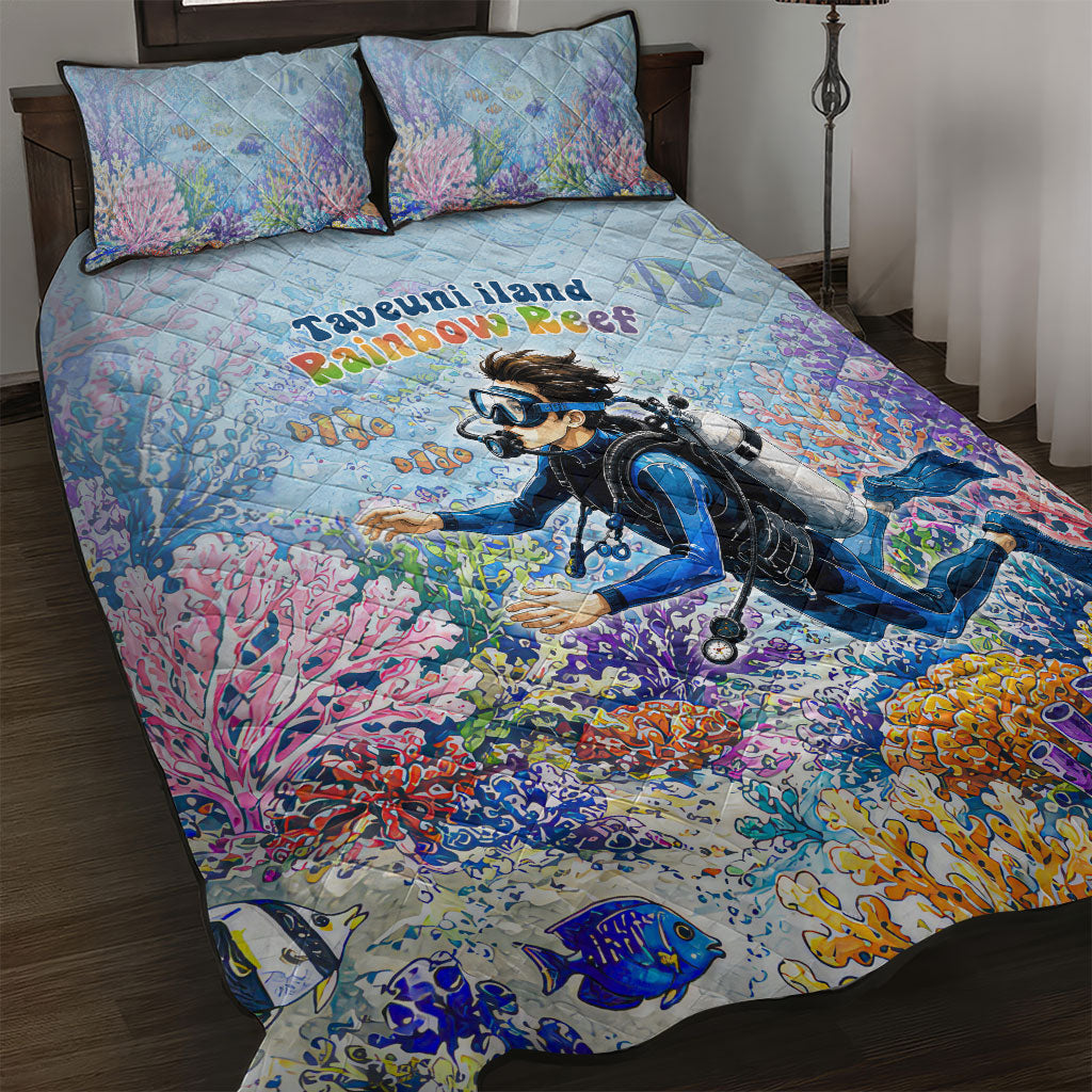 Fiji Taveuni Rainbow Reef Quilt Bed Set Scuba Diver Vibrant Undersea Coral Garden Watercolor